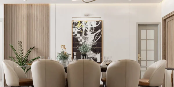 dining room with fluted wall panels